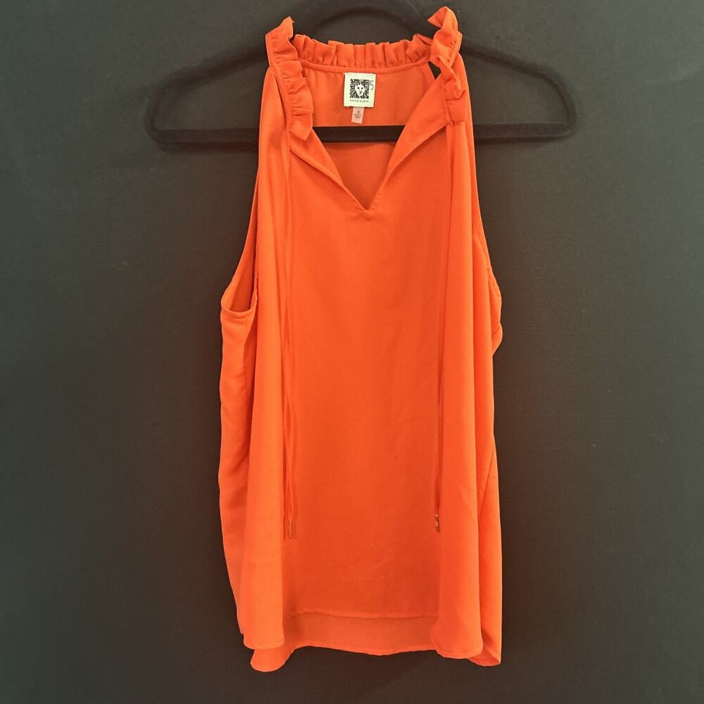 Anne Klein Women's Sleeveless Top M Orange Ruffle Collar V-Neck Pullover Blouse